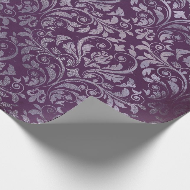 Papel De Presente Royal Damask Distestido Purple Plum Floral Cinza G (Ponta)