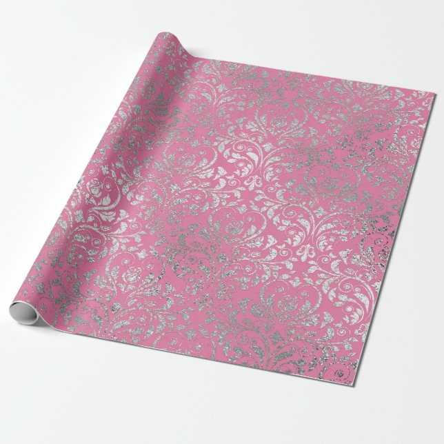 Papel De Presente Royal Damask Pink Silver Floral Shiny Vip (Desenrolado)