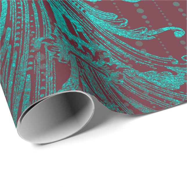 Papel De Presente Royal Damask Turquoise Blue Floral Drops Burgundy (Ponta do rolo)