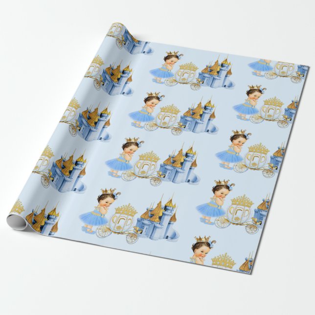 Papel De Presente Royal Princess Castle Carruagem Blue Dourada Girl (Desenrolado)