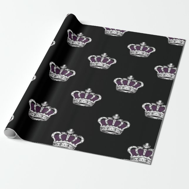 Papel De Presente Royal Purple Crown Pattern on Bold Black Back (Desenrolado)
