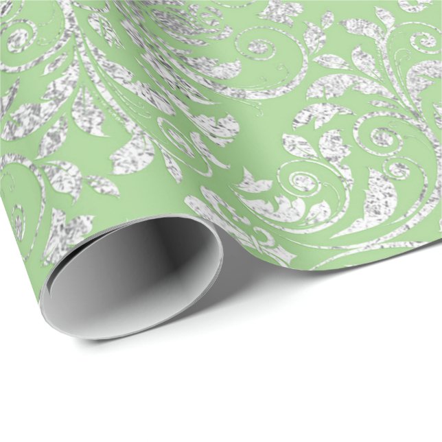 Papel De Presente Royal Wedding Damask Mint Green Silver Vip (Ponta do rolo)