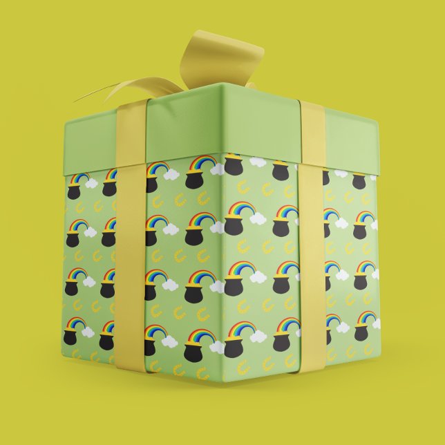 Papel De Presente Rua divertida. Pote do Dia de Patrick de Dourado e (Playful St. Patrick’s Day Pot of Gold & Rainbow Wrapping Paper)