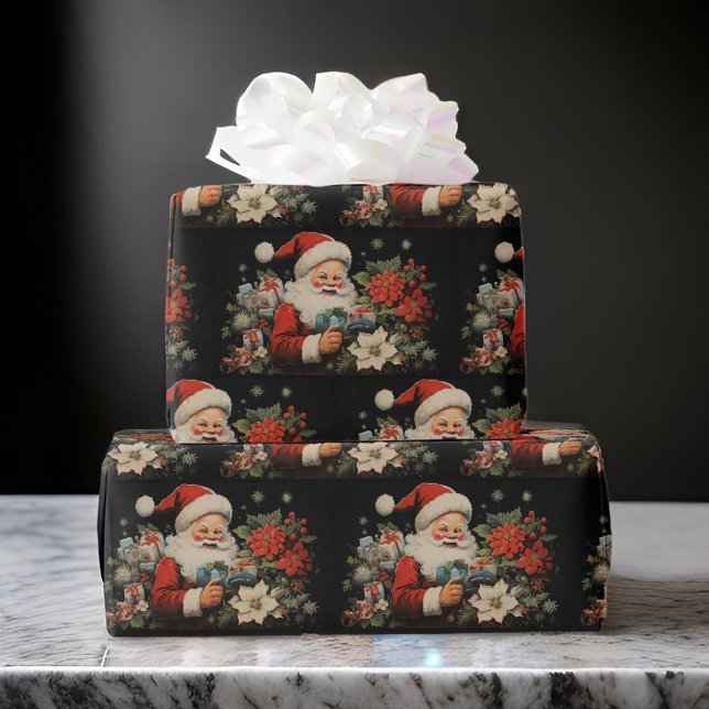 Papel De Presente Rua Nicholas Christmas Poinsettia Flowers Black (Criador carregado)
