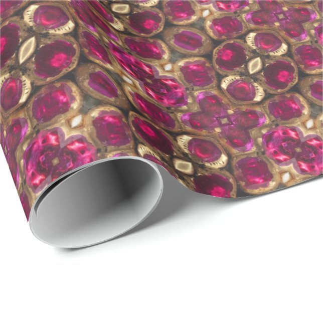 Papel De Presente Ruby Dourada Gemstone Patterno Chic Festivo Elegan (Ponta do rolo)