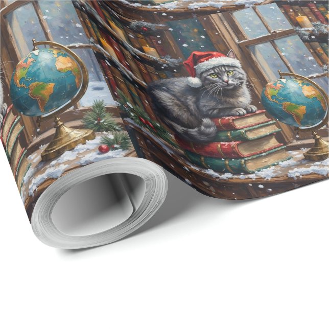 Papel De Presente Russian Blue Cat Christmas Library Reading Nook (Ponta do rolo)