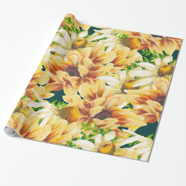 Papel De Presente Russo Aquarela Amarelo e Girassol Verde (Desenrolado)