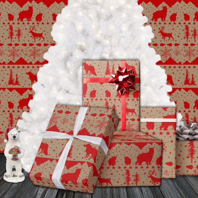 Papel De Presente Russo Kraft Nordic Sweater Red (Rustic Kraft Nordic Sweater Red Winter Animals Christmas Holiday Gift Wrapping Paper Rolls)