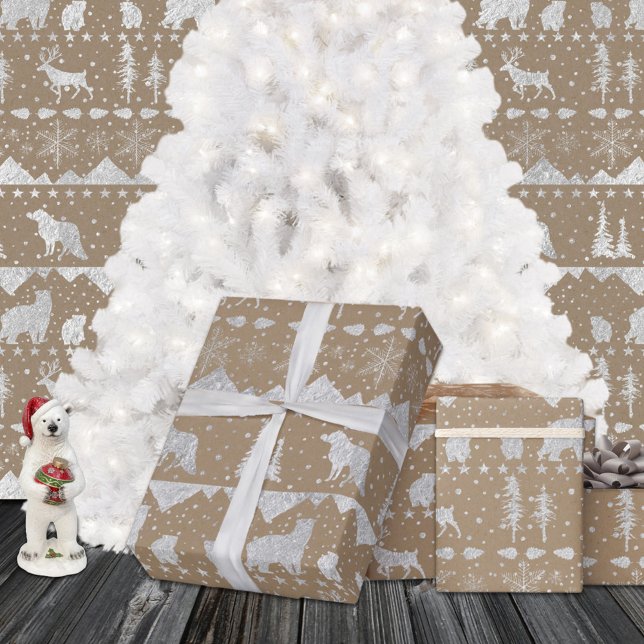 Papel De Presente Russo Kraft Nordic Sweater Silver (Rustic Kraft Nordic Sweater Silver Winter Animals Christmas Holiday Gift Wrapping Paper Rolls)