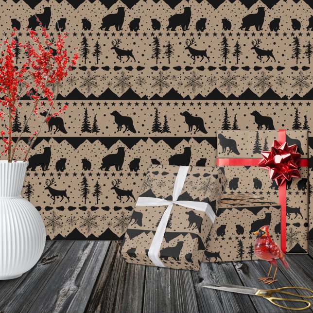 Papel De Presente Russo Kraft Nórdico Sweater Animais Nórdicos de in (Rustic Kraft Nordic Sweater Black Winter Animals Christmas Holiday Neutral Gift Wrapping Paper Roll)