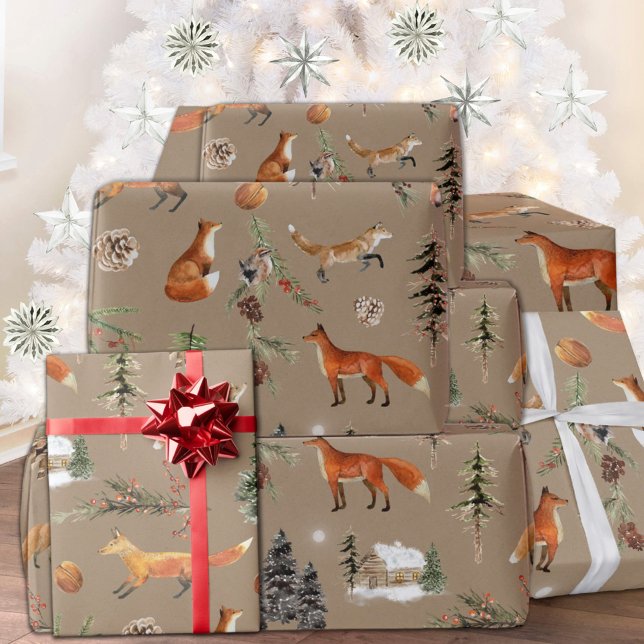 Papel De Presente Russo Kraft Tudo Floresta Floresta Raposa Vermelha (Rustic Kraft Everything Forest Woodland Red Foxes Christmas Holiday Wrapping Paper Rolls)