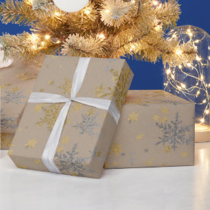 Papel De Presente Russo Kraft Winter Silver & Dourados Flocos de nev