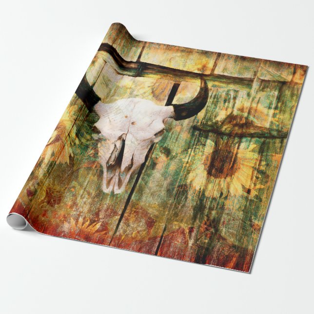 Papel De Presente Russo Western Bull Crânio País Girassóis (Desenrolado)
