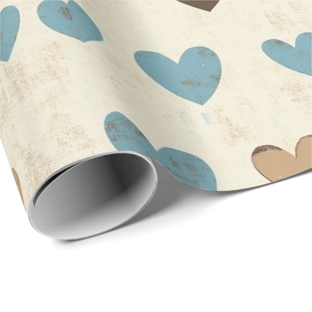 Papel De Presente Rustic Blue and Brown Heart Pattern for Father’s  (Ponta do rolo)