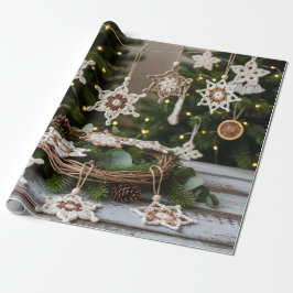 Papel De Presente Rustic Boho Crochet Snowflake Natal