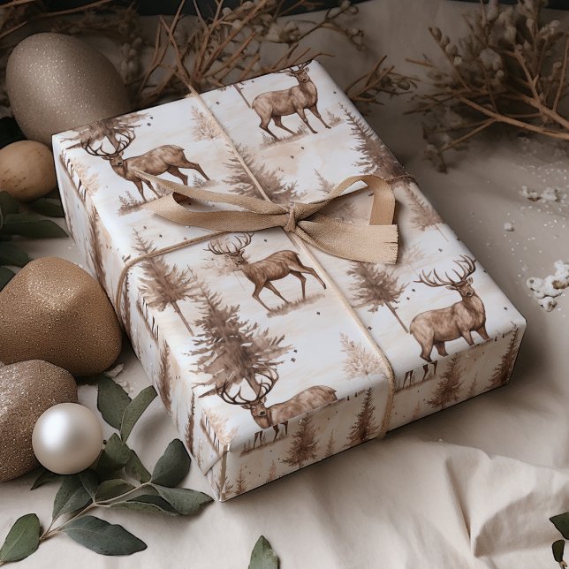 Papel De Presente Rustic Brown Reindeer Natal (Criador carregado)