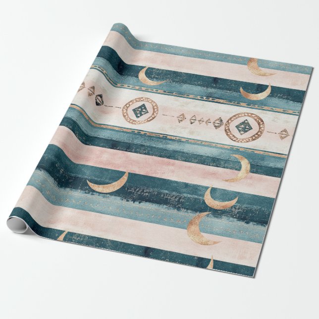 Papel De Presente Rustic Celestial Stripe Moon Sun Earthy (10) (Desenrolado)