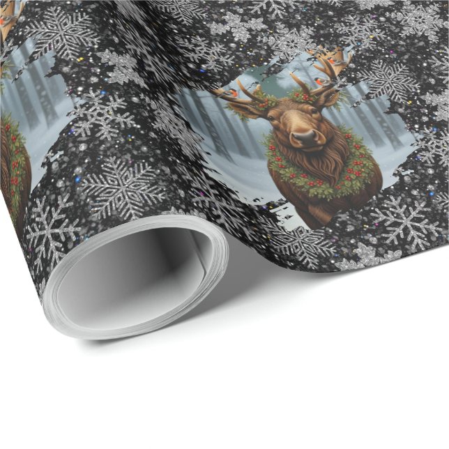 Papel De Presente Rustic Christmas moose winter woodland forest snow (Ponta do rolo)