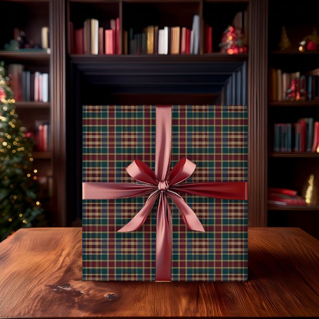 Papel De Presente Rustic Elegance Plaid Cranberry Dk Blue Teal Green (Rustic Elegance Rich Dark Plaid in Cranberry Red, Dark Navy Blue and Dark Teal Green Wrapping Paper)