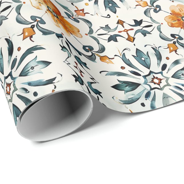 Papel De Presente Rustic Floral Tile Wrapping Paper, Orange & Teal  (Ponta do rolo)