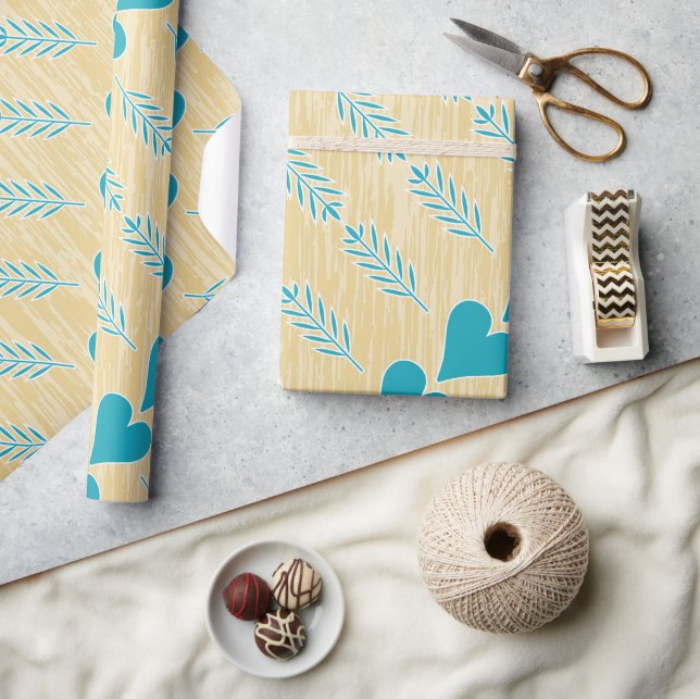 Papel De Presente Rustic Heart Blue Teal Aqua Tan Brown (Artesanato)