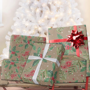 Papel De Presente Rustic Kraft Christmas Holly Berries Spruce Twigs