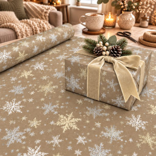 Papel De Presente Rustic Kraft Dourado & Flocos de Neve Brancos