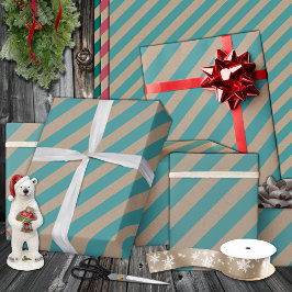 Papel De Presente Rustic Kraft Dusty Teal Green Stripe Feriado em Gr