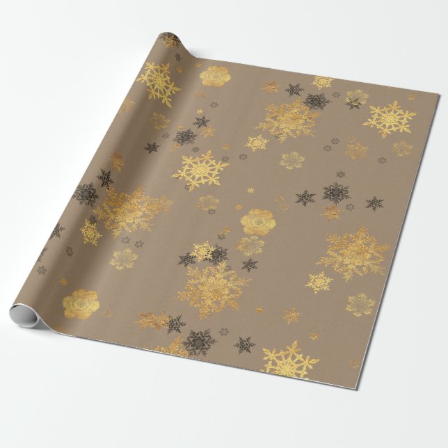 Papel De Presente Rustic Kraft Elegant Dourado Flocos de Neve (Desenrolado)