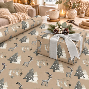 Papel De Presente Rustic Kraft Escandinavo Cervo Floresta Florestal