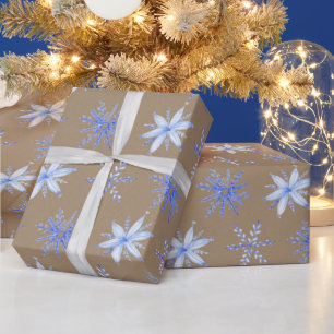 Papel De Presente Rustic Kraft Hand Desenhou Flocos de Neve Azuis
