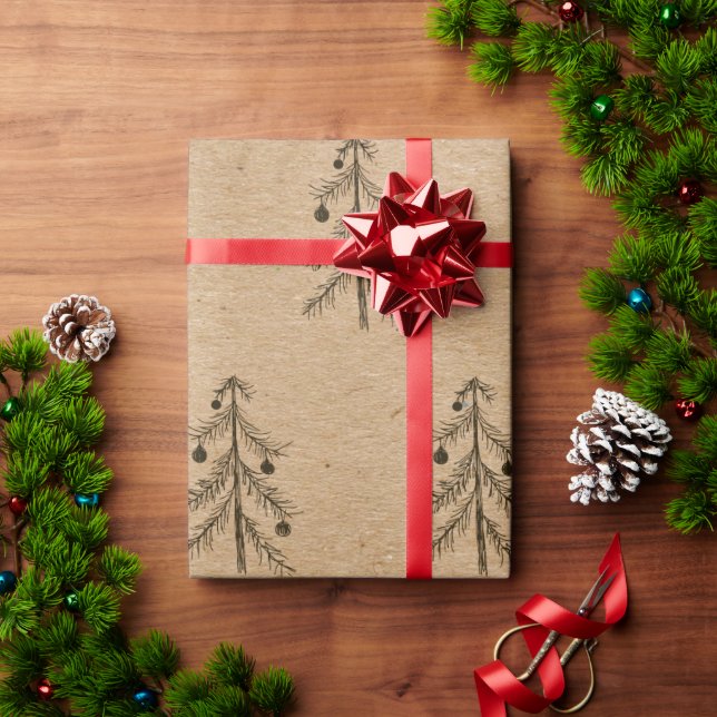 Papel De Presente Rustic Kraft Paper | Esboço da Árvore de Natal Mín (Presente de Natal)