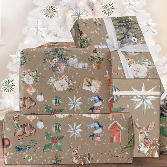 Papel De Presente Rustic Kraft Snowy Reindeer e Tudo Natal (Rustic Kraft Snowy Reindeer Everything Christmas Holiday Wrapping Paper Roll)