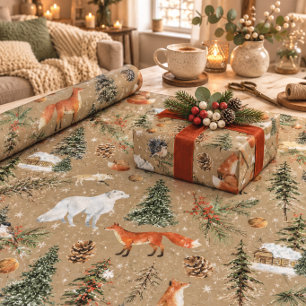 Papel De Presente Rustic Kraft Tudo Woodland e Raposa Ártica
