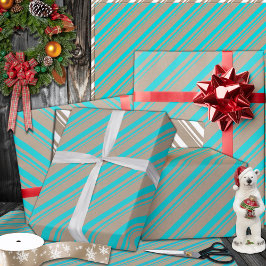 Papel De Presente Rustic Kraft Turquoise Aqua Blue Stripes Holides