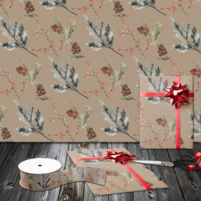 Papel De Presente Rustic Kraft Winter Spruce Cones & Berries Matam (Rustic Kraft Winter Spruce Cones & Berries Christmas Holiday Matte Gift Wrapping Paper Rolls.)
