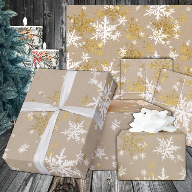 Papel De Presente Rustic Kraft Winter White & Dourados Flocos de nev (Rustic Kraft Winter White & Gold Snowflakes Wrapping In 6 and 15 foot long 30 Inch Width Rolls
)