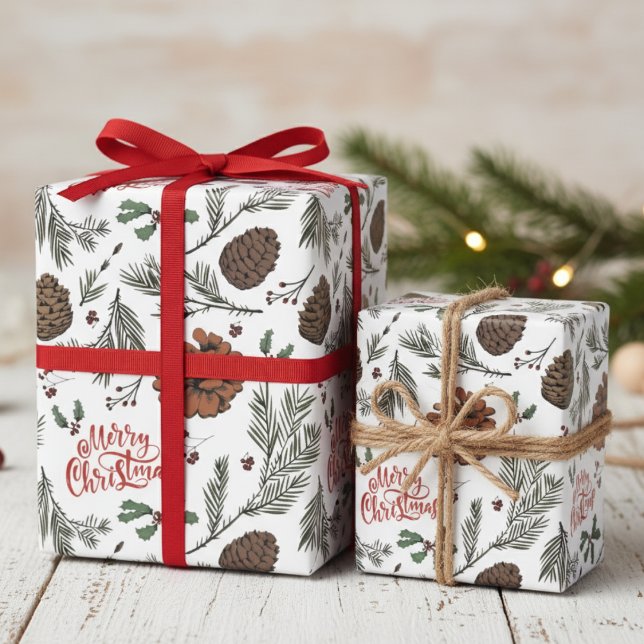 Papel De Presente Rustic Merry Christmas Pinecones & Holly Berries (Rustic Merry Christmas Pinecones, Holly Berry, Evergreen Pattern Elegant Holiday Wrapping Paper.)