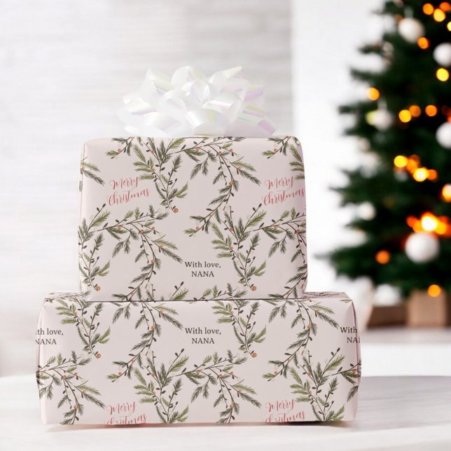 Papel De Presente Rustic Pine Branch Feriado Rosa Feliz Natal (Rustic Pine Branches Holiday pink Merry Christmas Wrapping Paper)