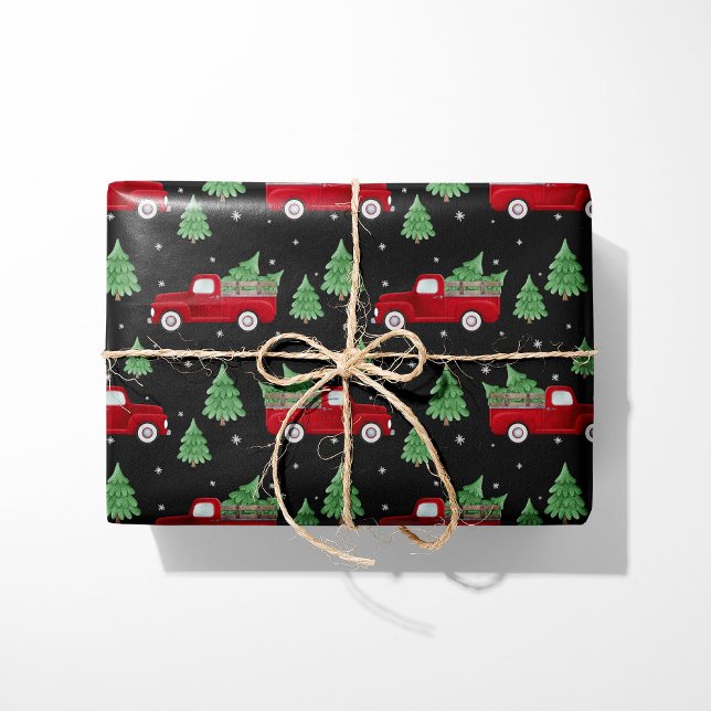 Papel De Presente Rustic Red Truck Christmas Wrapping Paper on Black (Criador carregado)