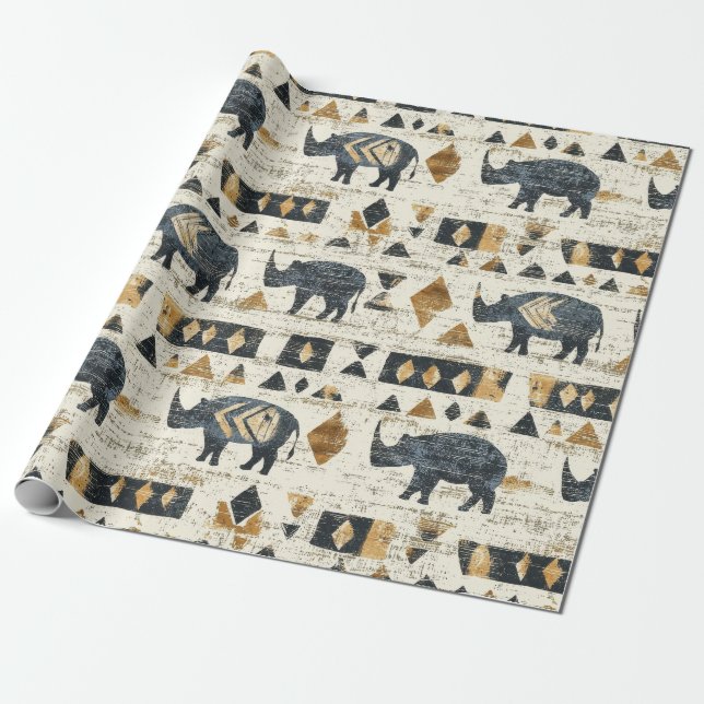 Papel De Presente Rustic Rhino Tribal Pattern (1) (Desenrolado)