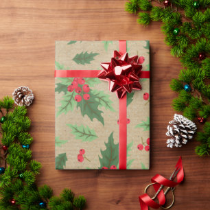 Papel De Presente Rustic Vintage Kraft Christmas Holly Red Berries