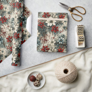 Papel De Presente Rustic Vintage retro-clássico poinsettia de Natal