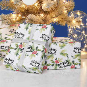 Papel De Presente Rustic Watercolor Holly Patterno Feliz Natal