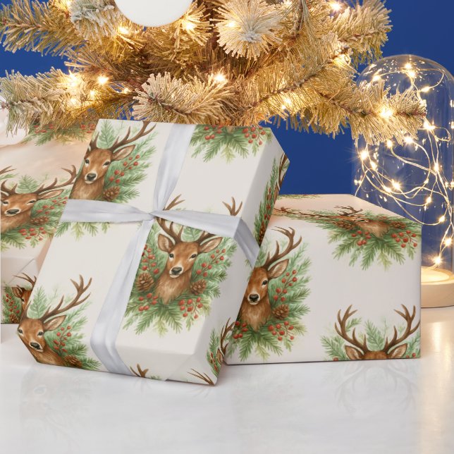 Papel De Presente Rustic Woodland Deer Head with Winter Foliage -  (Feriados)
