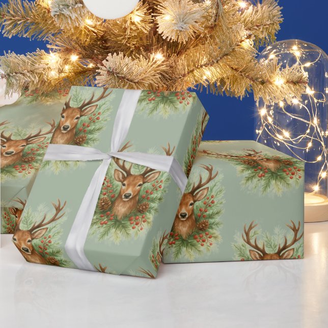 Papel De Presente Rustic Woodland Deer Head with Winter Foliage -  (Feriados)