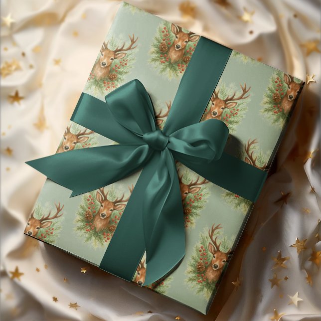 Papel De Presente Rustic Woodland Deer Head with Winter Foliage -  (Criador carregado)