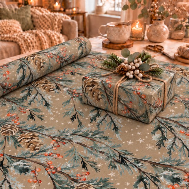 Papel De Presente Rústico Kraft Azul Galhos de Juniper Cones e Bagas (Criador carregado)