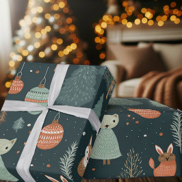 Papel De Presente Sábio Cachorro Verde Floresta de inverno Raposas N