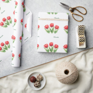 Papel De Presente Saco de mão de tulipas vermelhas em aquarela perso